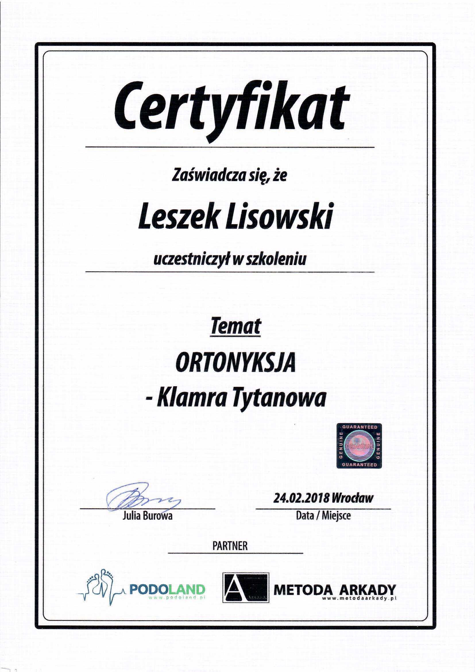 Certyfikat szkolenia podologicznego