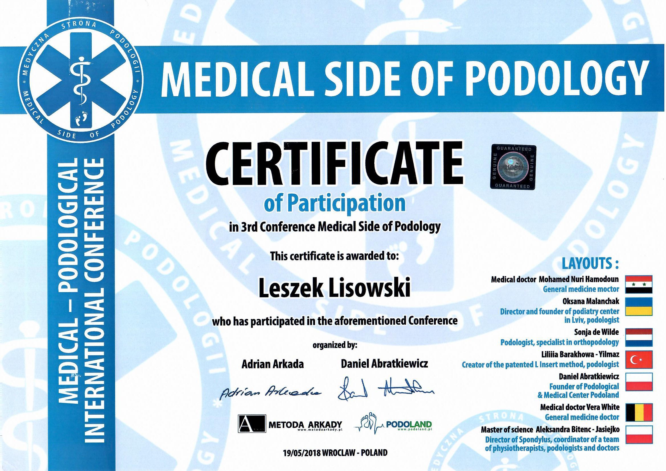 Certyfikat specjalistycznego szkolenia podologicznego