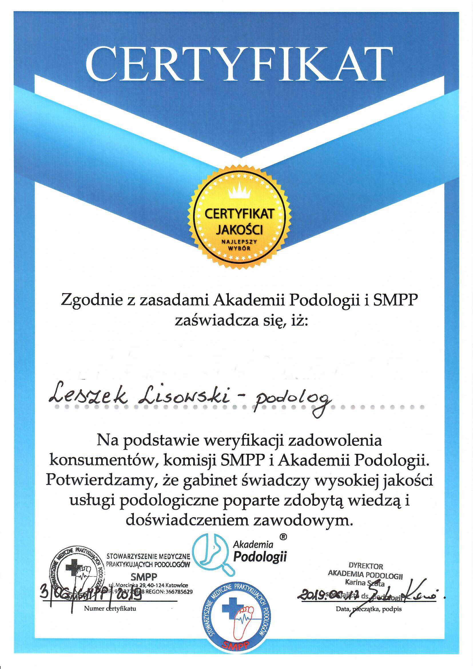 Certyfikat ukończenia szkolenia podologicznego
